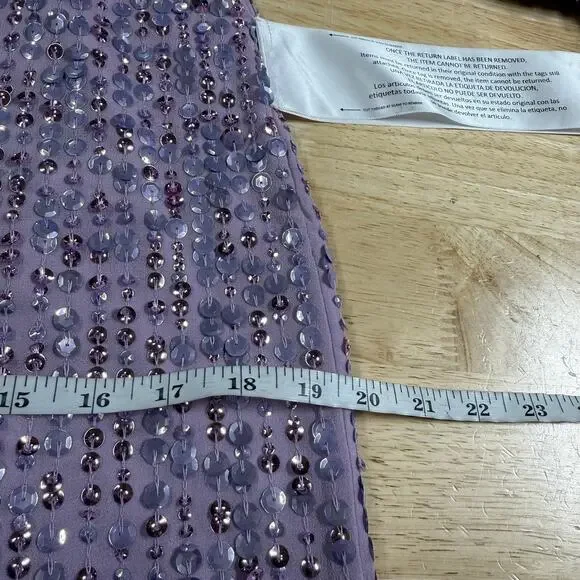 Mac Duggal NWT Purple Sequined Illusion Puff Sleeve V Neck Midi Dress Size 6